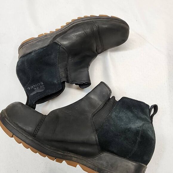 Sorel Women's 7.5 Evie Pull-On Bootie Waterproof Black Suede Leather Wedge Ankle - Picture 8 of 10
